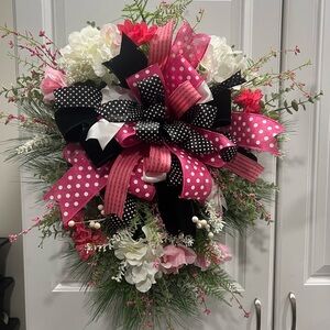 Festive Pink and Black Polka Dot Holiday Wreath
